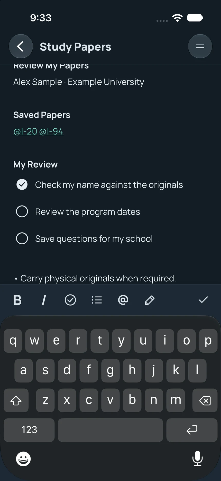 The real Notes editor with keyboard, formatting and checklist controls.