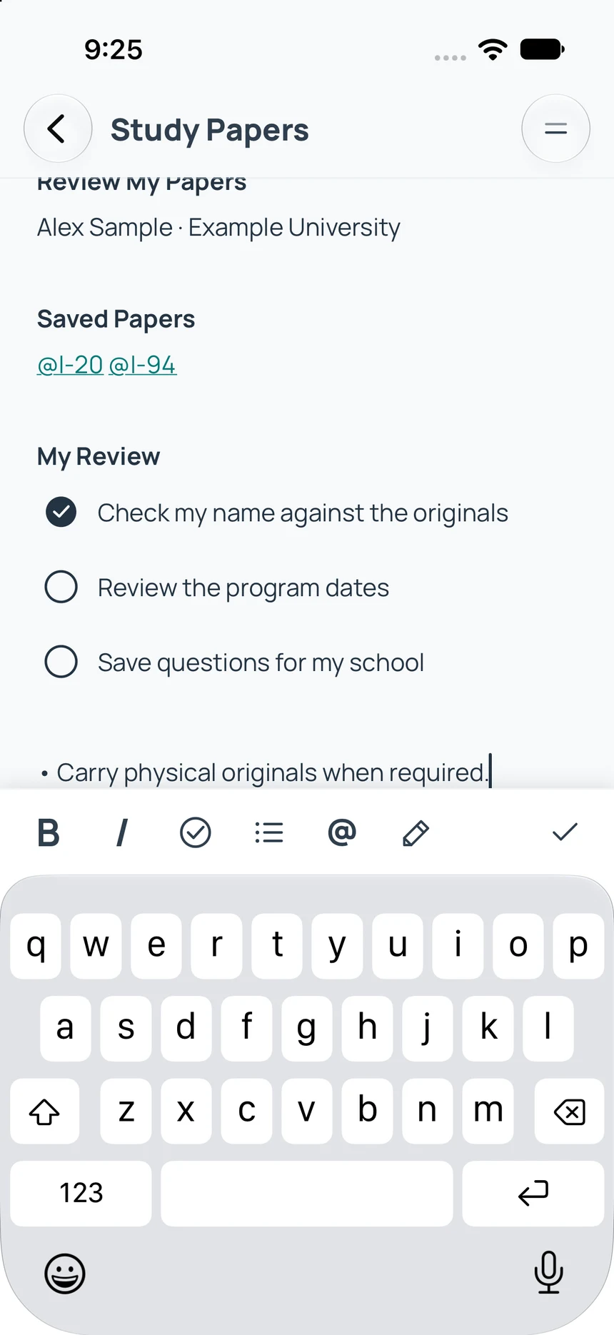 The real Notes editor with keyboard, formatting and checklist controls.