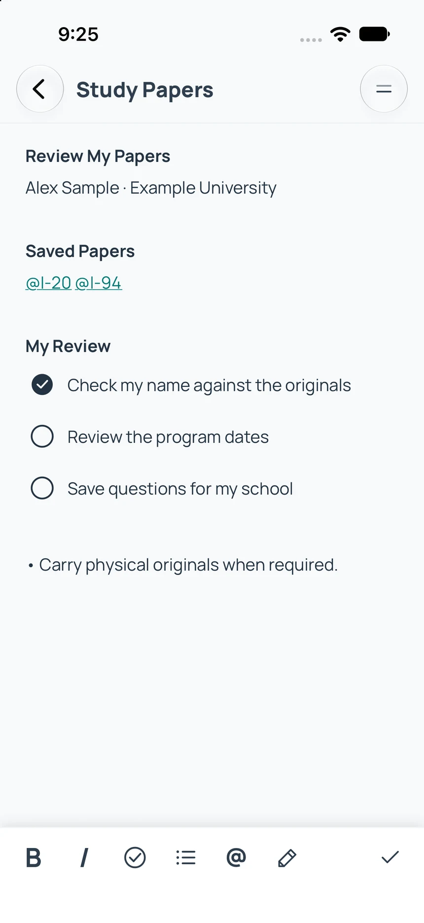 Study Papers note with formatted headings, linked sample papers and checkboxes.
