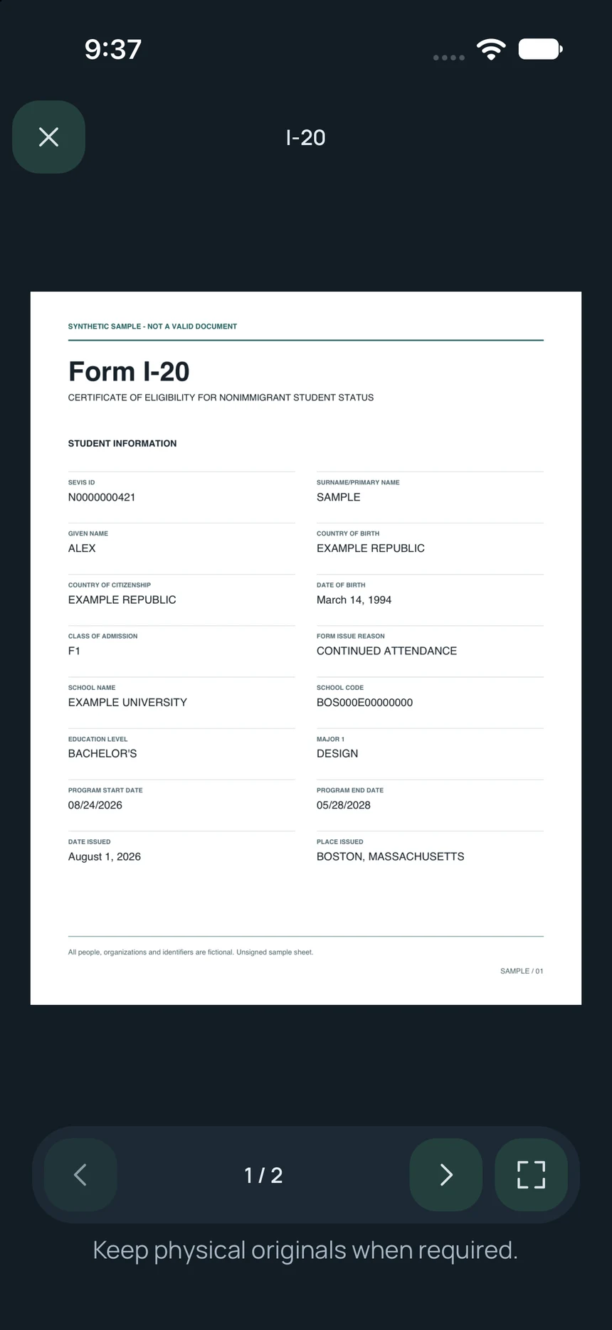 The original fictional I-20 paper open in the native document viewer.