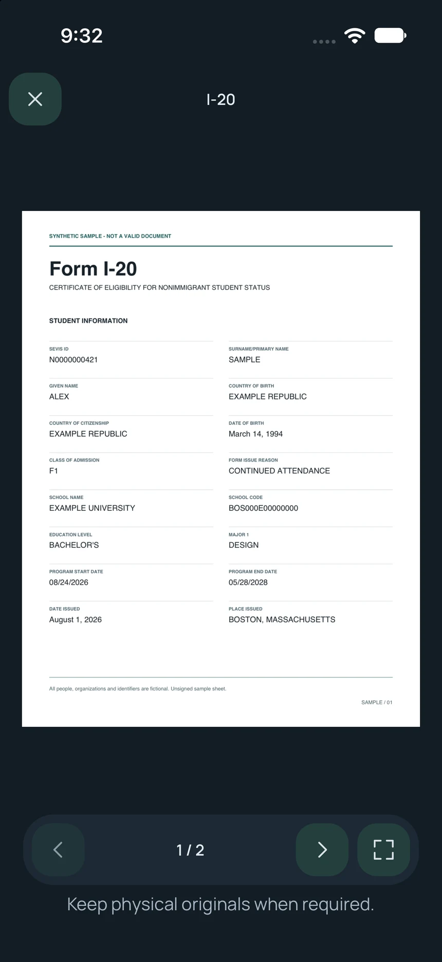 The original fictional I-20 paper open in the native document viewer.