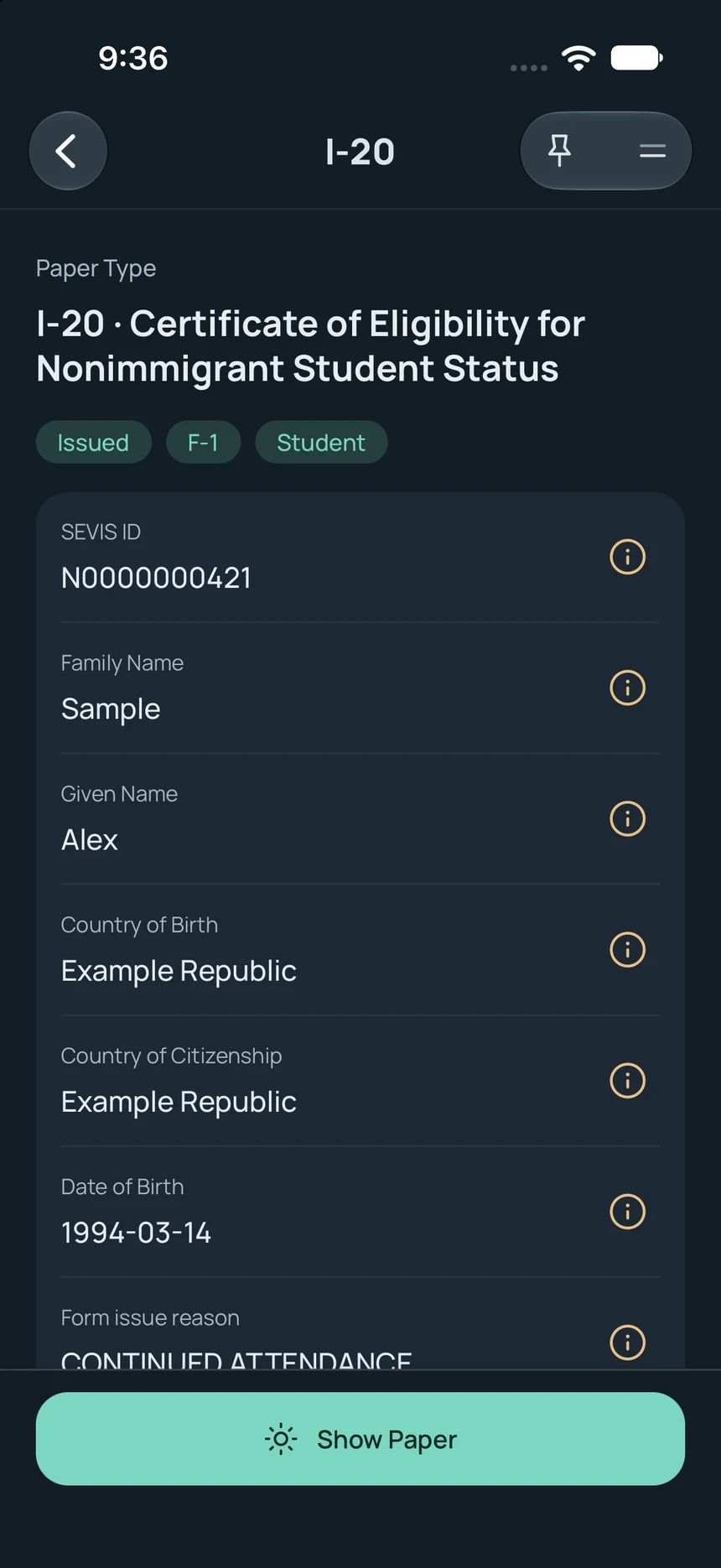 Detected I-20 student form with extracted details available for source review.