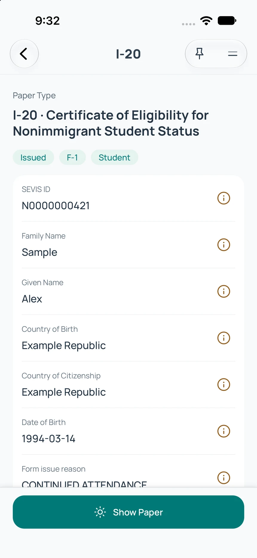 Detected I-20 student form with extracted details available for source review.