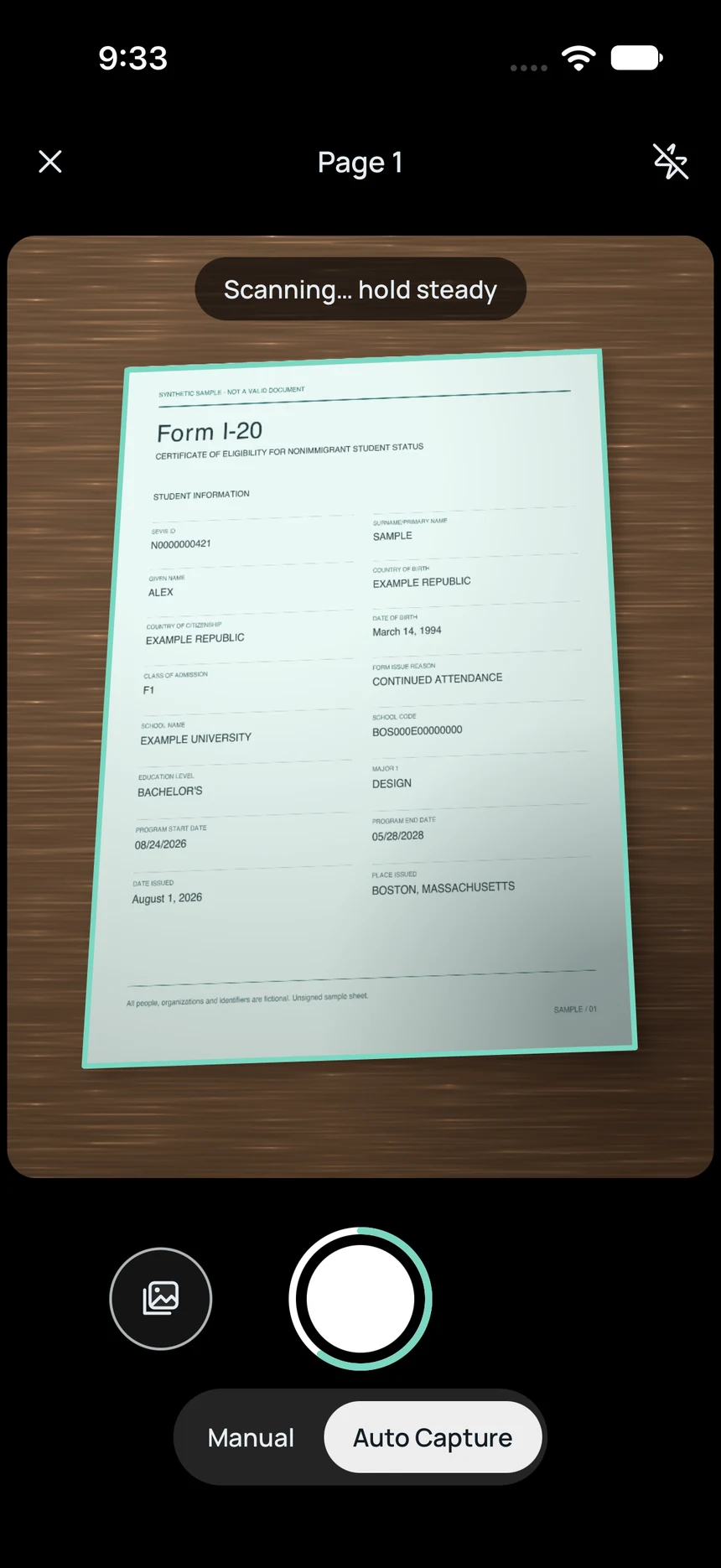 Document scanner detecting the edges of a fictional sample notice.