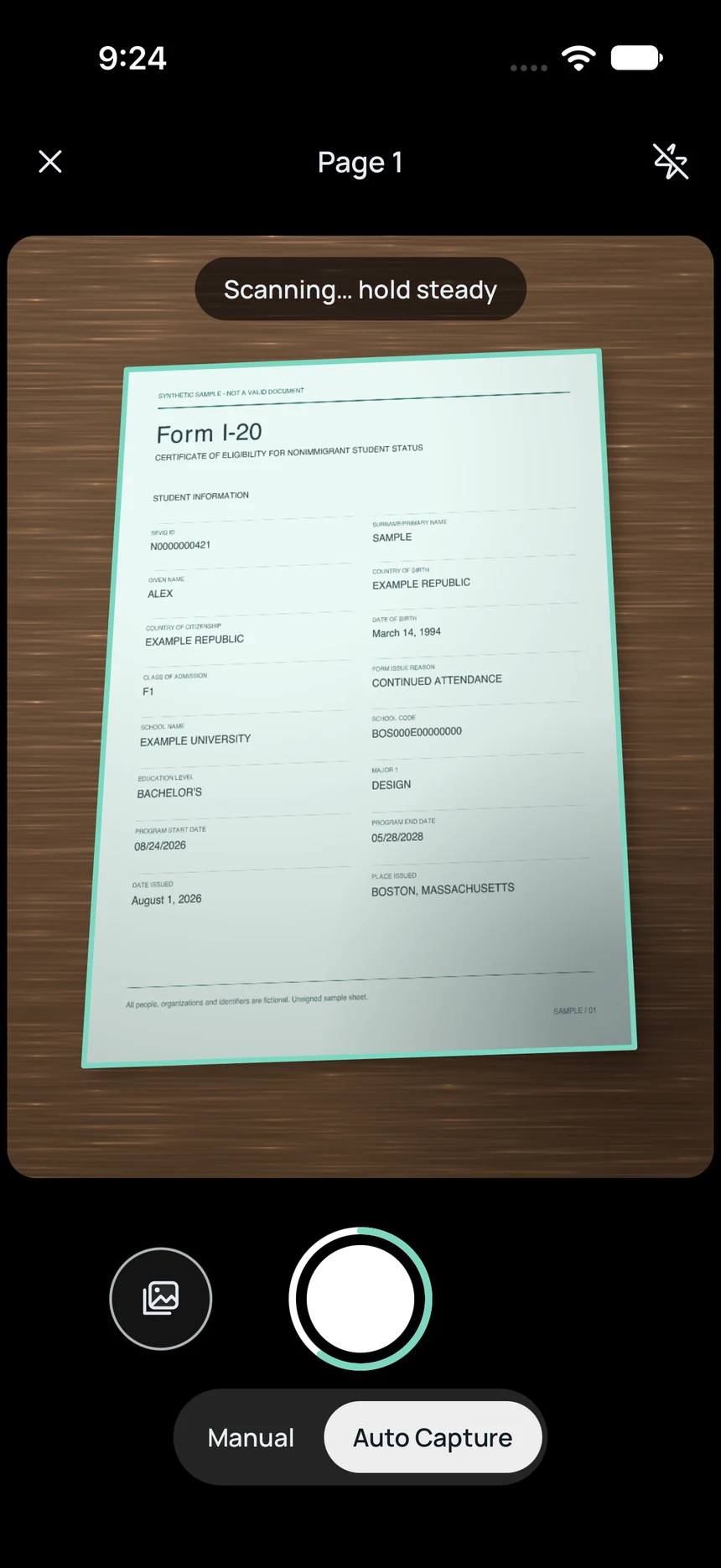 Document scanner detecting the edges of a fictional sample notice.