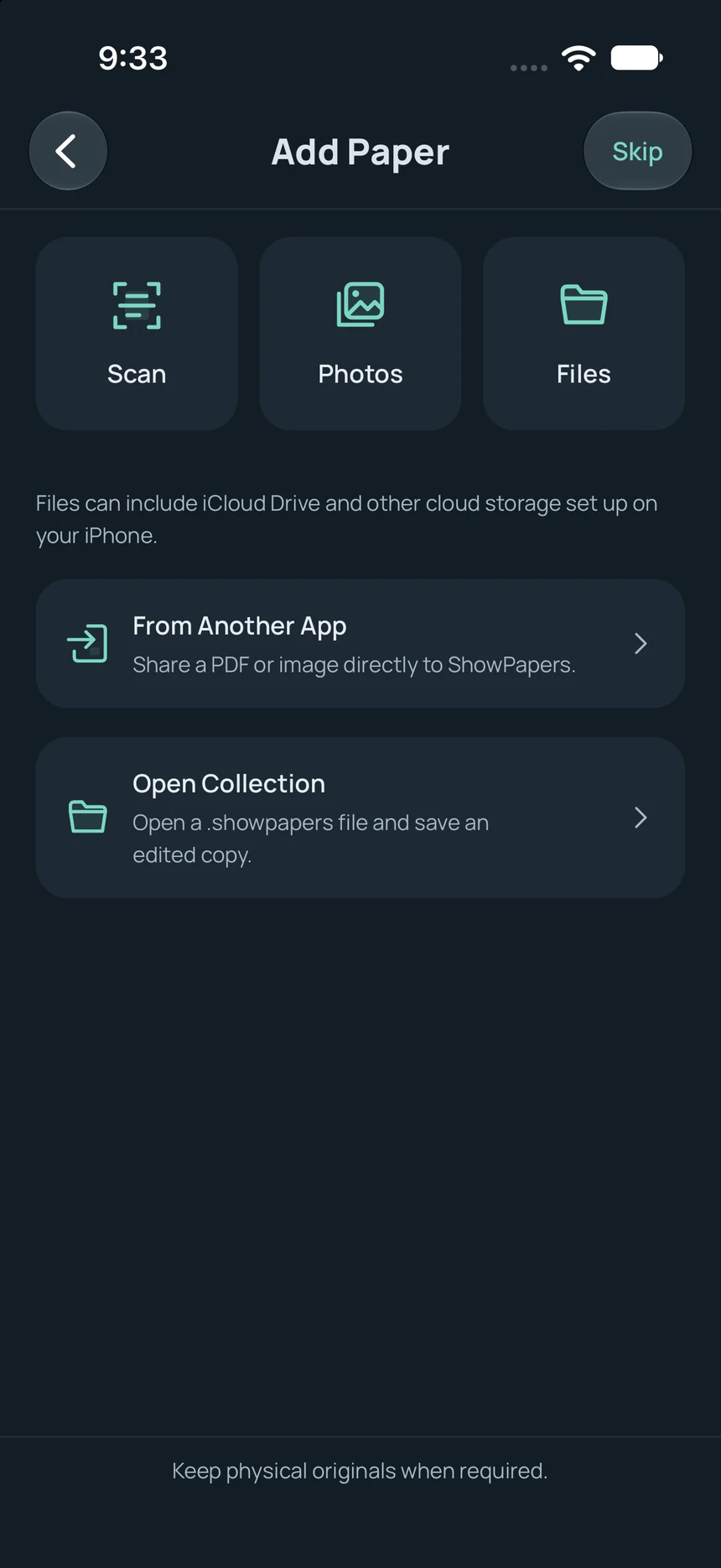 Add Paper: Scan, Photos, Files, From Another App and Open Collection.