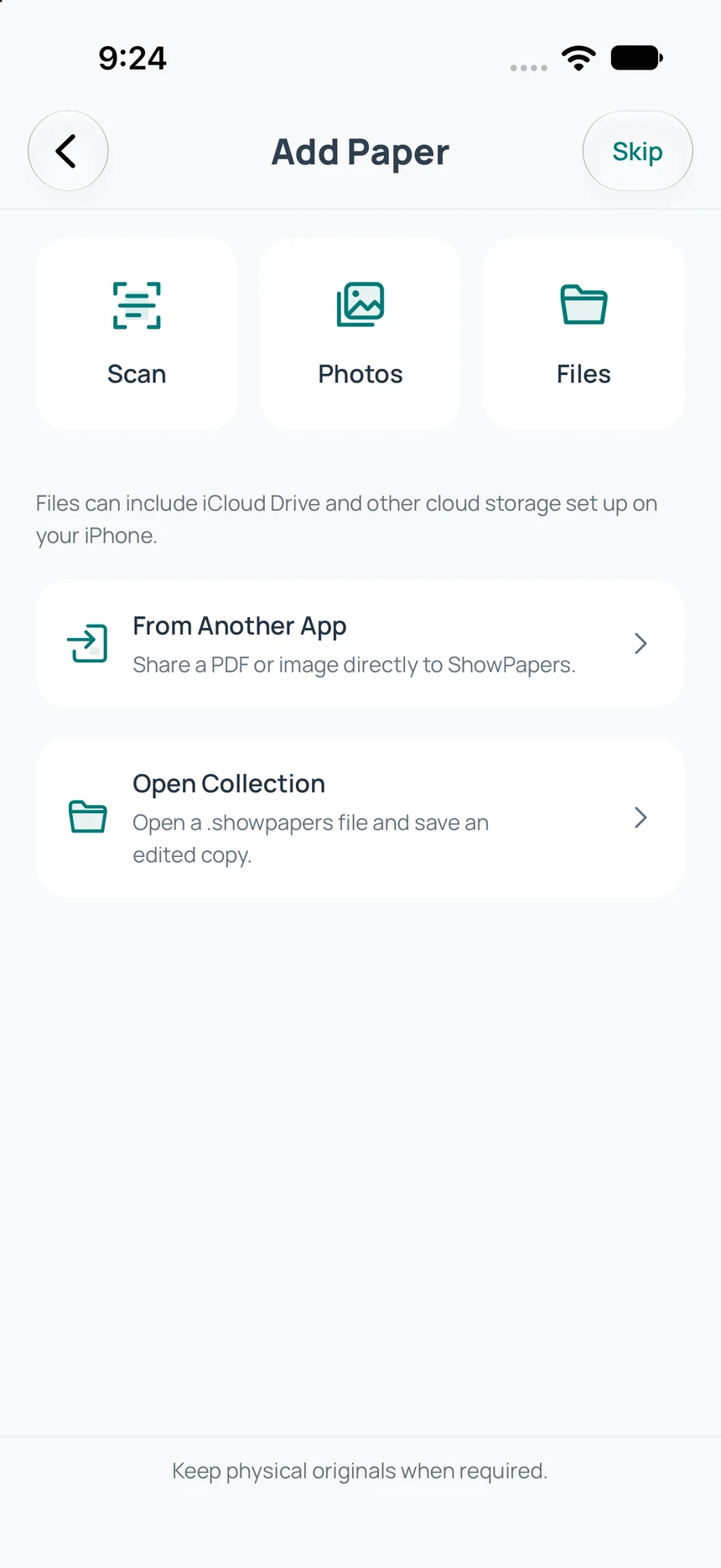 Add Paper: Scan, Photos, Files, From Another App and Open Collection.